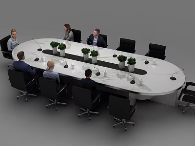 Modern Oval White Conference Table with Black Office Chairs and Green Plants in Meeting Room 3d model