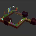 Wooden Structure Layout Design With Blue Objects Dark Blocks And Circular Platform