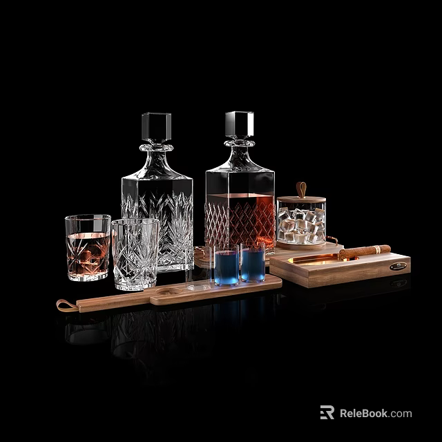 Crystal Liquor Bottles And Drinking Glasses With Ice Cubes On Wooden Serving Tray 3d model 