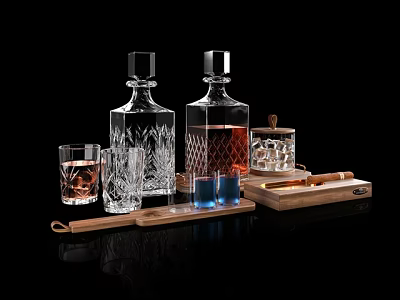Crystal Liquor Bottles And Drinking Glasses With Ice Cubes On Wooden Serving Tray 3d model