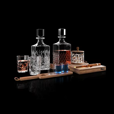 Crystal Liquor Bottles And Drinking Glasses With Ice Cubes On Wooden Serving Tray 3d model