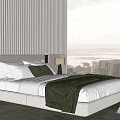 Double Bed With White Sheets Green Throw Blanket Pillows And Vertical Striped Headboard Wall