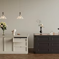 Modern Interior With Light And Dark Cabinets Vases Decorations And Pendant Lights