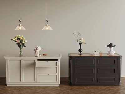 Modern Interior With Light And Dark Cabinets Vases Decorations And Pendant Lights 3d model