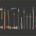 Collection of Various Antique Weapons Including Axes Gun Swords and Daggers