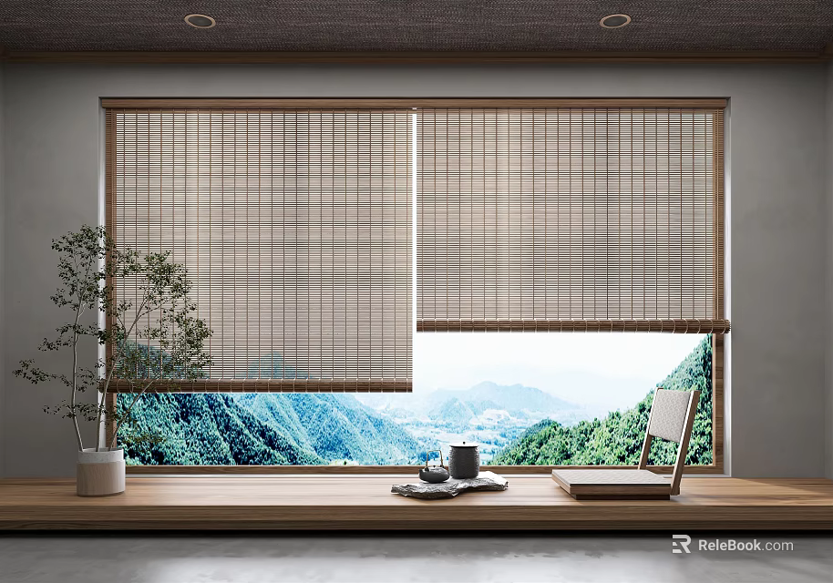 Bamboo Window Blinds with Mountain View Wooden Windowsill and Potted Plant 3d model 