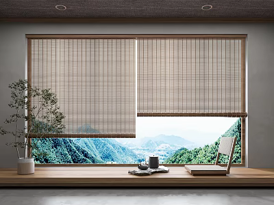 Bamboo Window Blinds with Mountain View Wooden Windowsill and Potted Plant 3d model