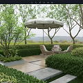 Garden Landscape Design With Neatly Trimmed Hedges Umbrella Seating And Stone Pathway
