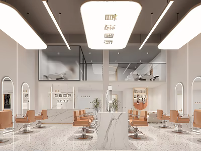 Modern Beauty Salon Interior With Marble Reception Desk Orange Chairs And Mirrors 3d model