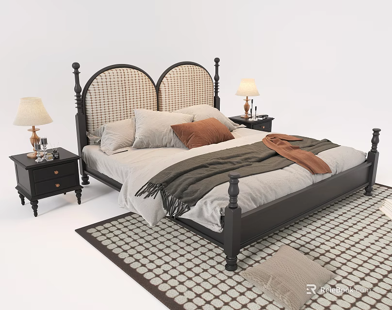 Double Bed With Rattan Headboard Black Frame Gray Brown Pillows Nightstands Lamps And Geometric Rug 3d model 