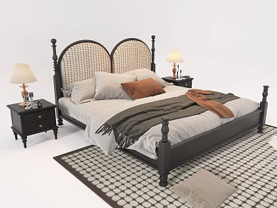 Double Bed With Rattan Headboard Black Frame Gray Brown Pillows Nightstands Lamps And Geometric Rug 3d model