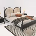 Double Bed With Rattan Headboard Black Frame Gray Brown Pillows Nightstands Lamps And Geometric Rug