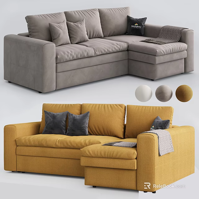 Gray and Yellow Sectional Sofa with Plush Cushions and Throw Blanket 3d model