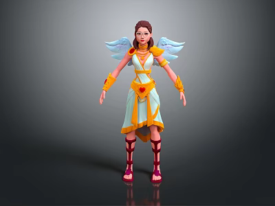 Game and Movie Character Female with Angelic Wings Yellow White Dress Red Boots Heart Decoration 3d model