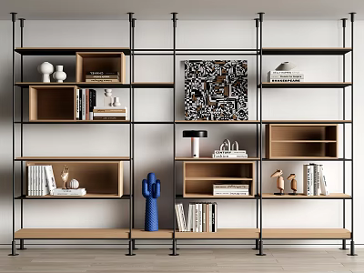 Modern Metal Frame Bookshelf With Books Decorative Artwork White Vases And Blue Sculpture 3d model