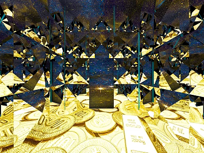 Golden Diamond Geometric Structure With Gold Coins And Shining Bars 3d model