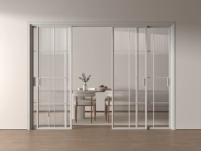Interior Sliding Doors With Transparent Glass Connecting Dining Space Table Chairs And Wooden Floor 3d model