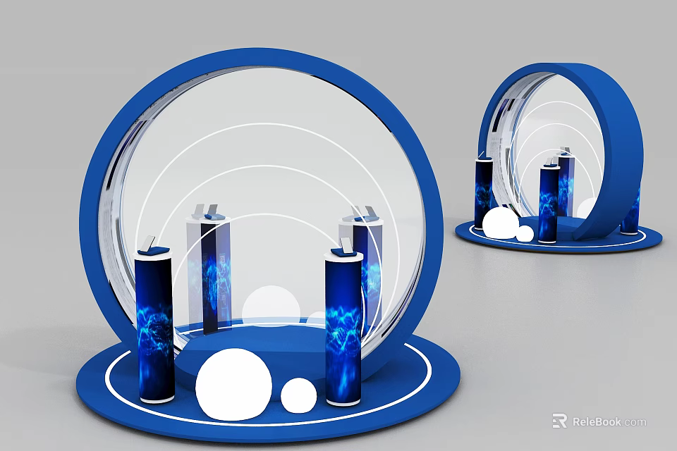 Blue Circular Display Shelves With Curved Design And Decorative Items 3d model