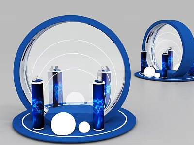 Blue Circular Display Shelves With Curved Design And Decorative Items 3d model
