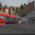 Red Volkswagen Sedan And Gray SUV Parked On Urban Road With Buildings