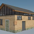 Rustic Country House Exterior With Brick Walls Stone Base Dark Sloped Roof And Glass Windows