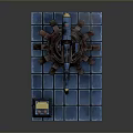 3D Rendered Scenic Landscape with Blue Tile Platform Mechanical Device and Small Box