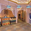 Elegant Restaurant Interior Design With Decorative Counter Chandeliers And Tiled Floor