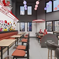 Modern Red Themed Restaurant Interior With Counter And Food Displays