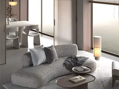 Fabric Sofa and Round Coffee Table Set with Gray Pillows Books in Bright Living Room 3d model