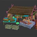 Cartoon Market Stall With Thatched Roof Bamboo Structure Hanging Meats Bread Pastries And Clay Pots