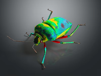 Colorful Vibrant Insect With Green Yellow Blue Body Red Legs Shiny Exoskeleton On Dark Background 3d model