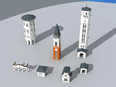 Three Different Style Towers With Orange White Middle Pointed Roof And White Dome Tall Structures 3d model