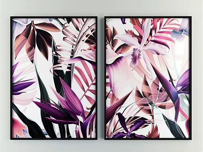 Tropical Plant Picture Frames Black Borders Colorful Leaves Flowers Wall Decor 3d model