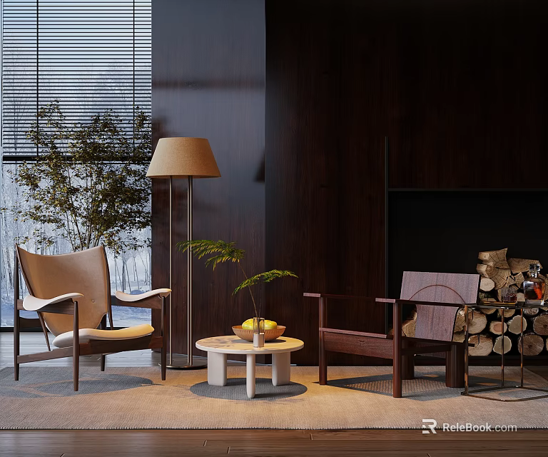 Modern Lounge Chairs in Interior Space With Round Coffee Table Floor Lamp and Green Plants 3d model 