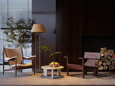 Modern Lounge Chairs in Interior Space With Round Coffee Table Floor Lamp and Green Plants 3d model