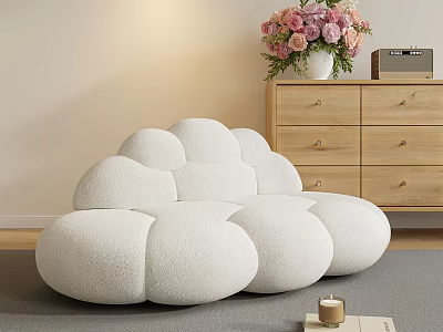 Modern Cloud Shaped Two Seater Sofa With Fluffy Fabric Wooden Cabinet And Flowers 3d model