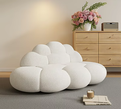 Modern Cloud Shaped Two Seater Sofa With Fluffy Fabric Wooden Cabinet And Flowers 3d model