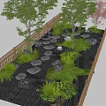 Serene Garden Courtyard With Wooden Fence Stone Stepping Path Green Plants And Cherry Blossom Tree