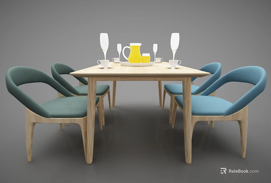 Modern Dining Table Set With Blue Cushioned Chairs Wooden Frames Yellow Pitcher And Wine Glasses 3d model 