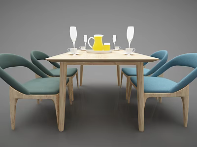 Modern Dining Table Set With Blue Cushioned Chairs Wooden Frames Yellow Pitcher And Wine Glasses 3d model