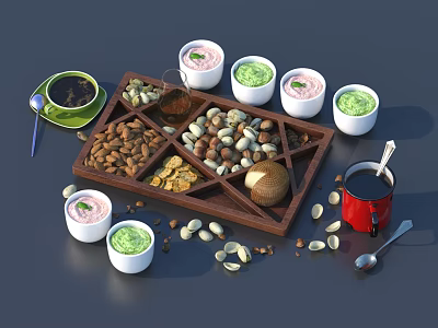 Food Display on Wooden Tray with Nuts Small Bowls Coffee and Bread 3d model