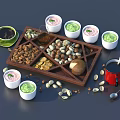 Food Display on Wooden Tray with Nuts Small Bowls Coffee and Bread