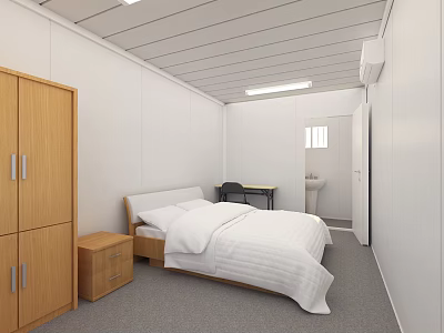 Minimalist Small Room With White Walls Wooden Wardrobe Single Bed Desk Washbasin And Gray Carpet 3d model