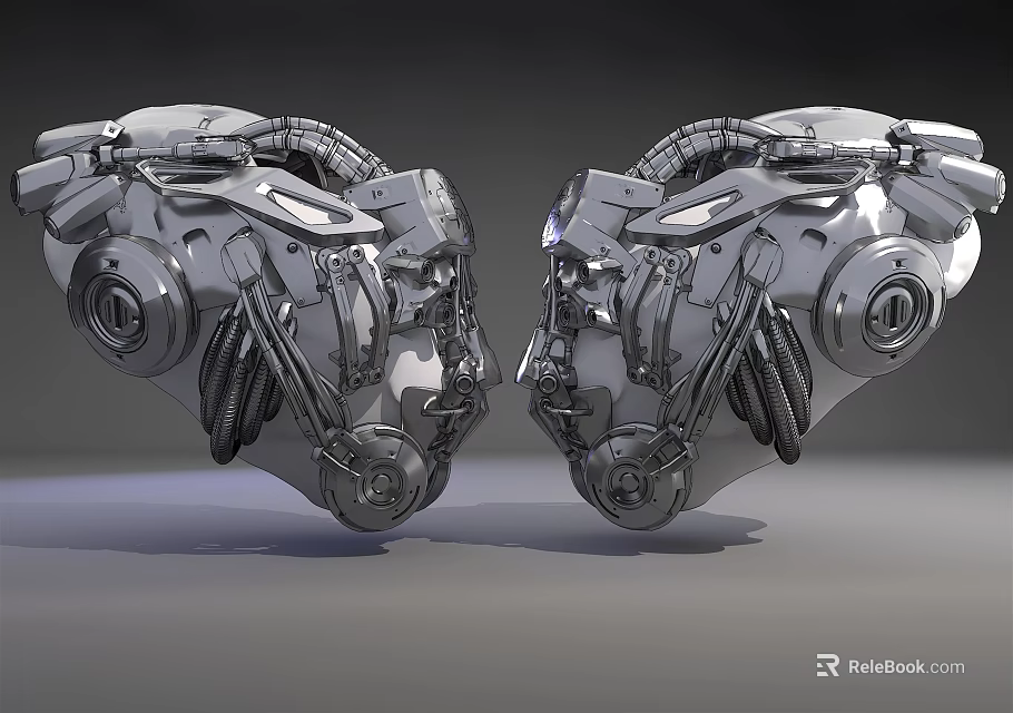 Futuristic Silver Metallic Mechanical Gloves With Complex Symmetric Structure And Detailed Components 3d model 
