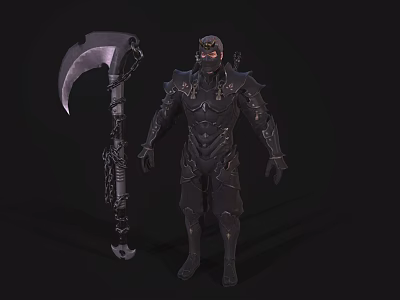 Armored Warrior Character in Intricate Black Armor with Giant Scythe and Chain Details 3d model
