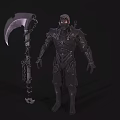 Armored Warrior Character in Intricate Black Armor with Giant Scythe and Chain Details