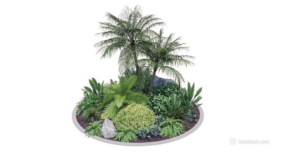 Circular Tree Planter with Palm Trees Various Green Plants and Stones 3d model 