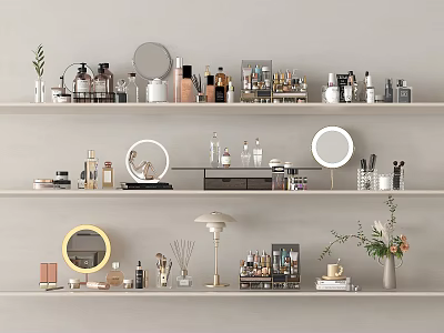 Elegant Perfumes And Cosmetics Display On Shelves With Mirrors Plants And Lamp 3d model