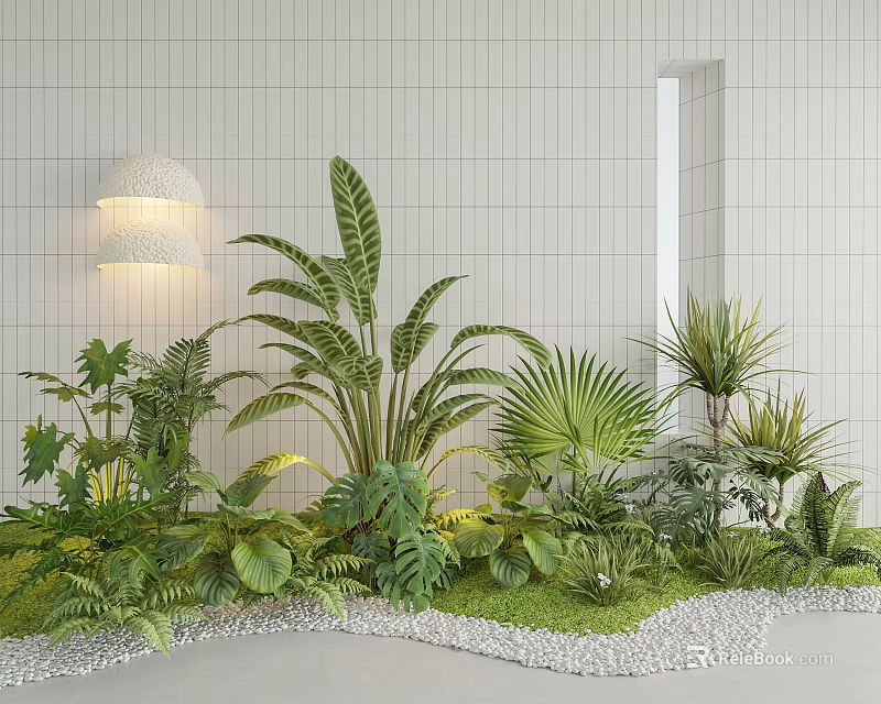 Indoor Various Green Plants Decoration With Wall Light And Pebbles 3d model 