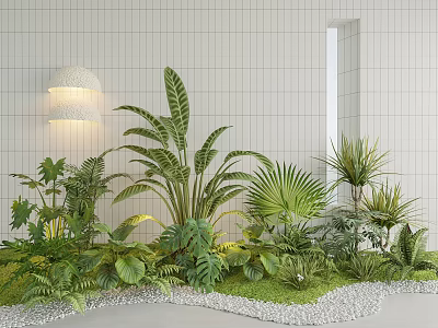 Indoor Various Green Plants Decoration With Wall Light And Pebbles 3d model